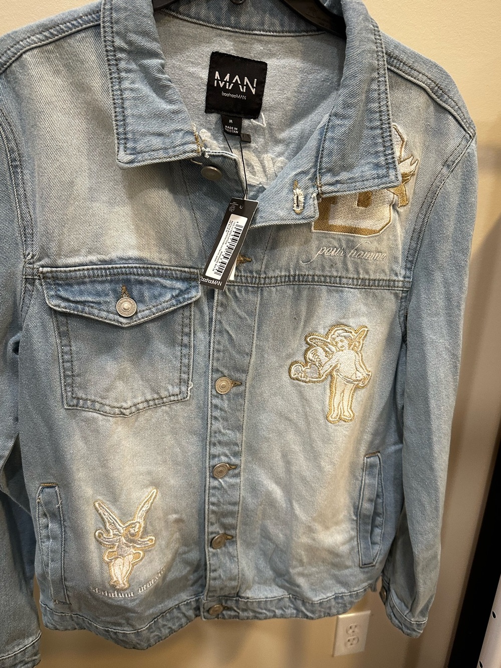 boohooMAN Light Blue Distressed Denim Jacket with Contrast Stitching